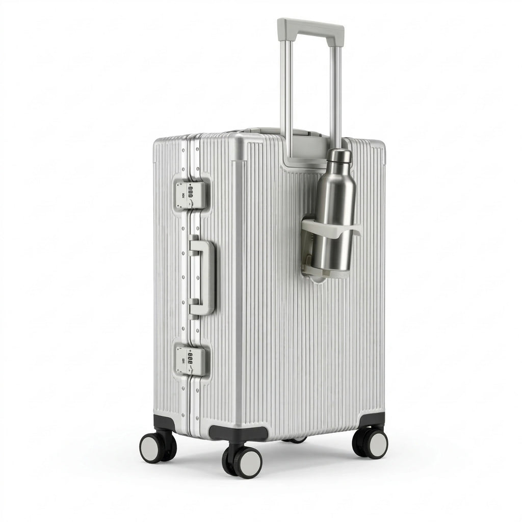 Valise rigide en aluminium Argenté avec porte-bouteille suspendu sur la poignée télescopique, idéale pour les voyages pratiques.