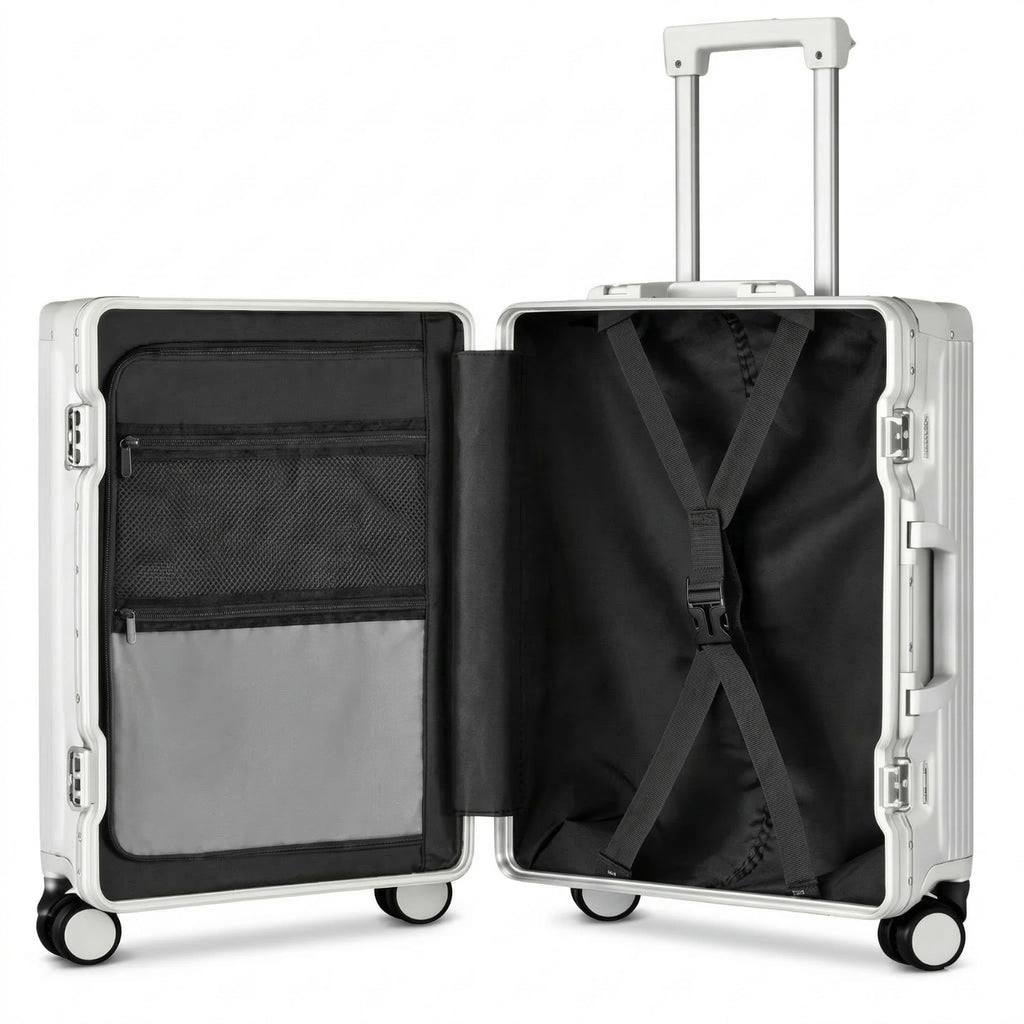 Intérieur d'une valise rigide en aluminium Argenté, montrant les compartiments de rangement avec des sangles et un filet pour une organisation optimale des affaires.