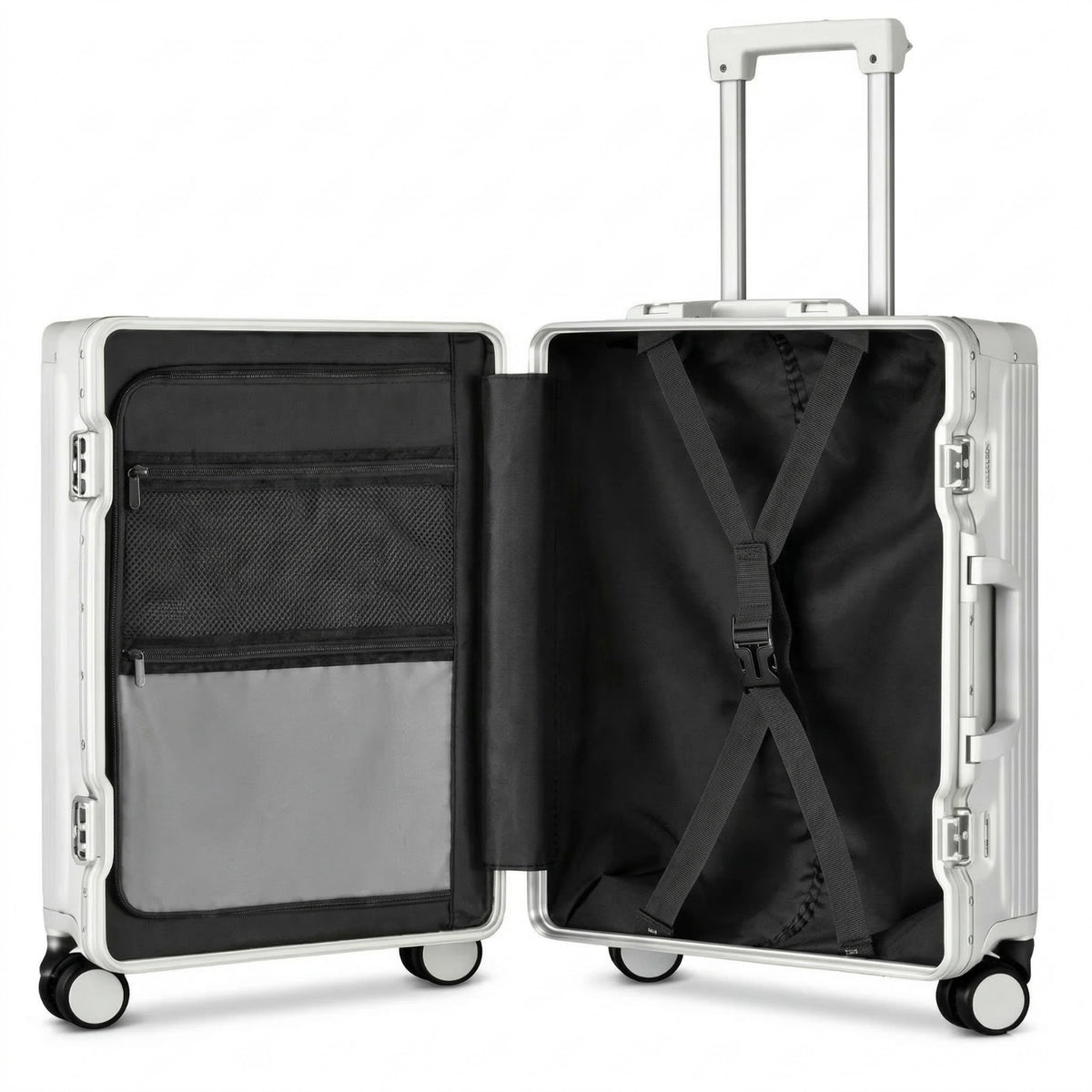 Intérieur d'une valise rigide en aluminium Argenté, montrant les compartiments de rangement avec des sangles et un filet pour une organisation optimale des affaires.