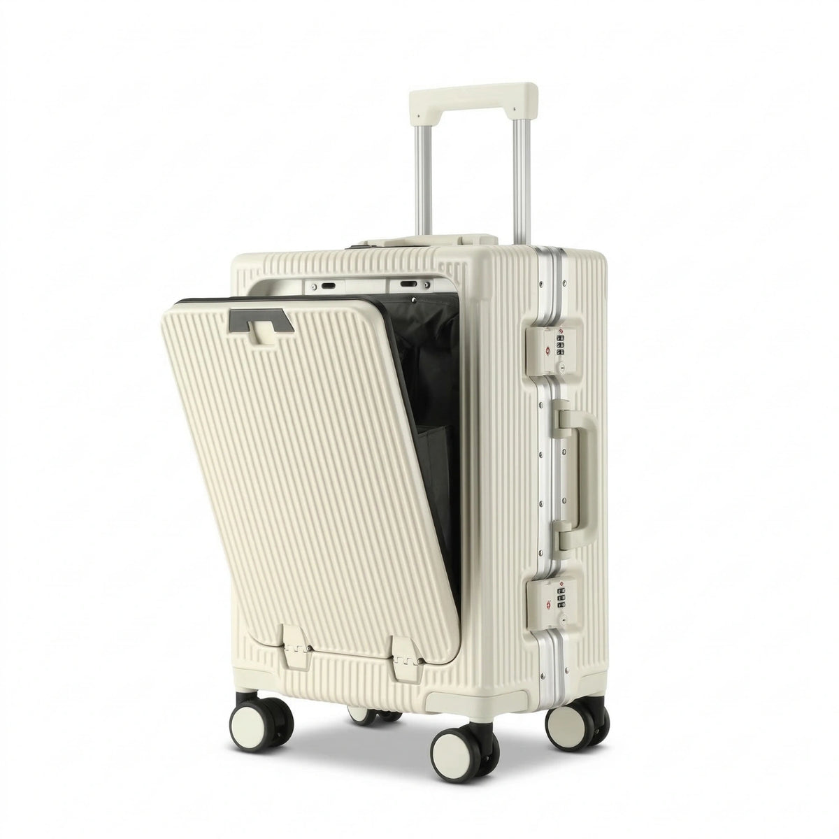 Valise en aluminium Blanc ouverte avec compartiment intérieur visible et serrure TSA intégrée.