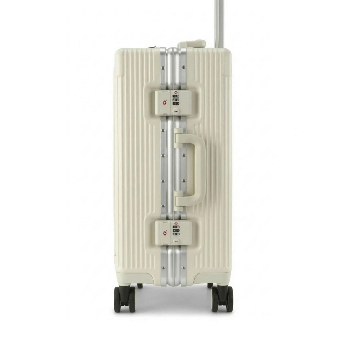 Valise en aluminium Blanc vue de profil, équipée de roulettes et de serrures TSA.