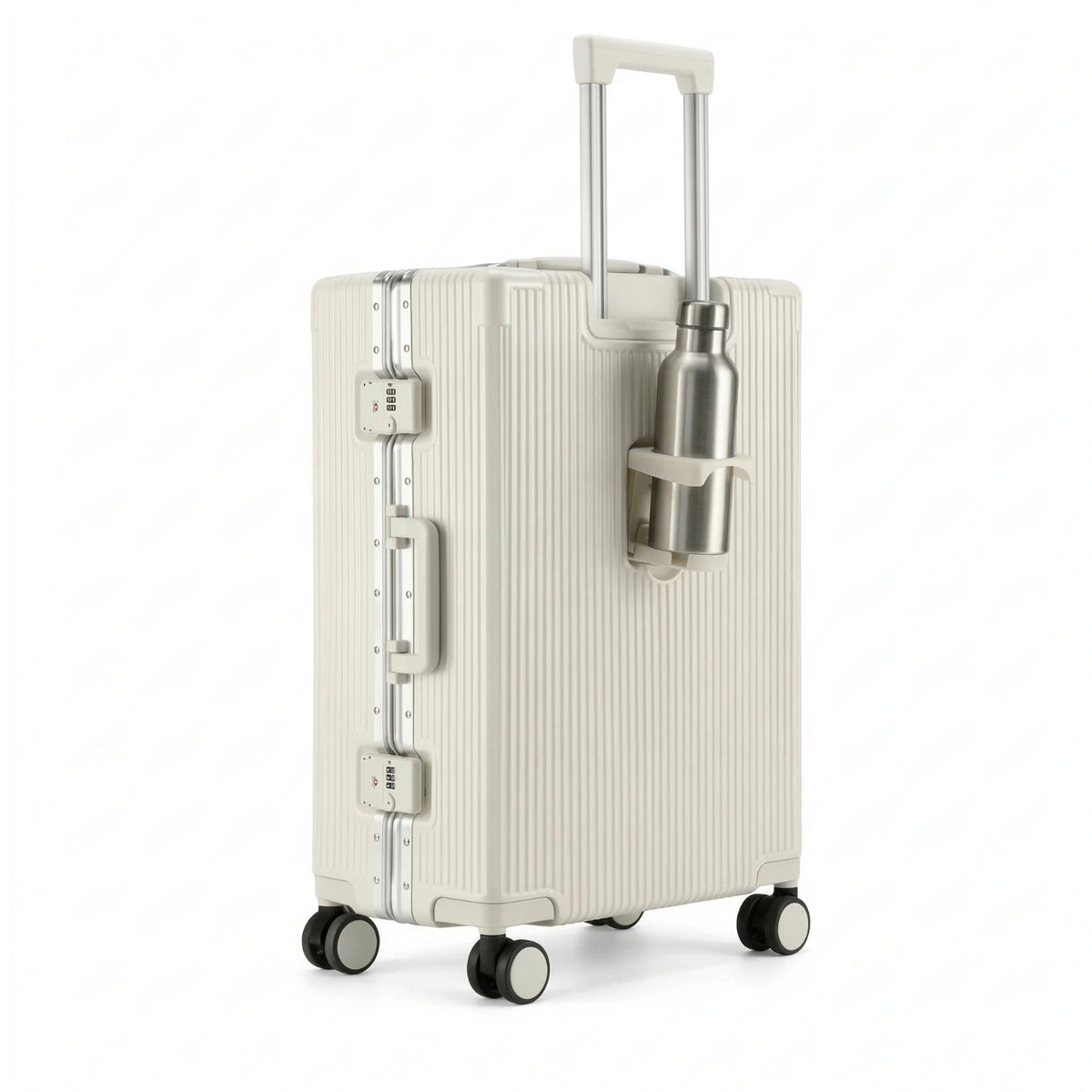 Valise rigide en aluminium Blanc avec porte-bouteille suspendu sur la poignée télescopique, idéale pour les voyages pratiques.