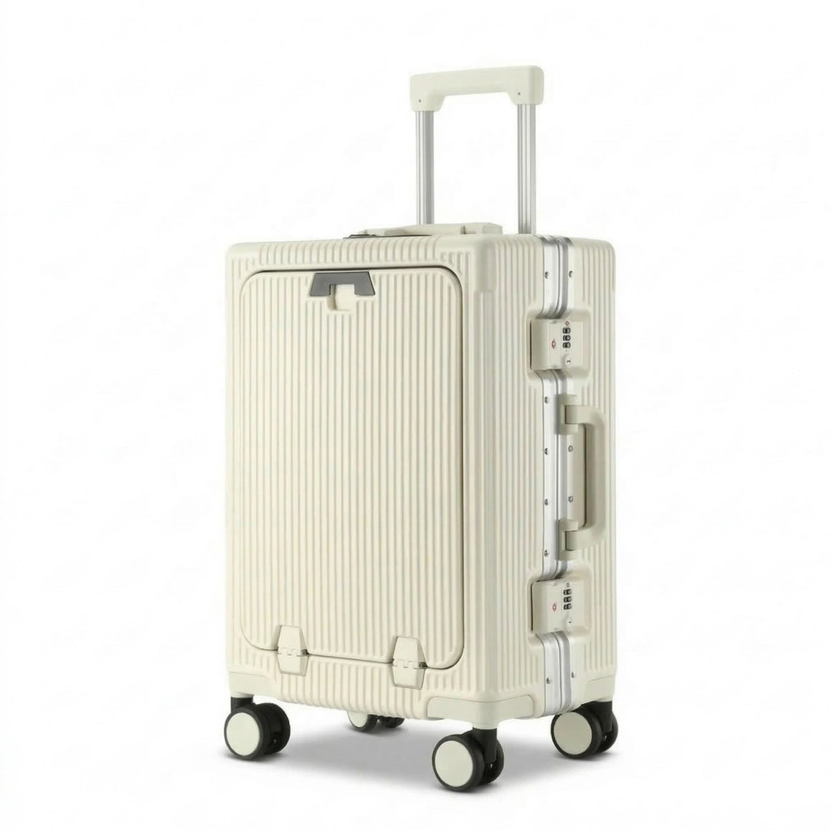 Valise cabine aluminium blanc arctique rigide, bagage à main luxe avec roues multidirectionnelles et serrure TSA, design moderne rainuré pour voyageur.