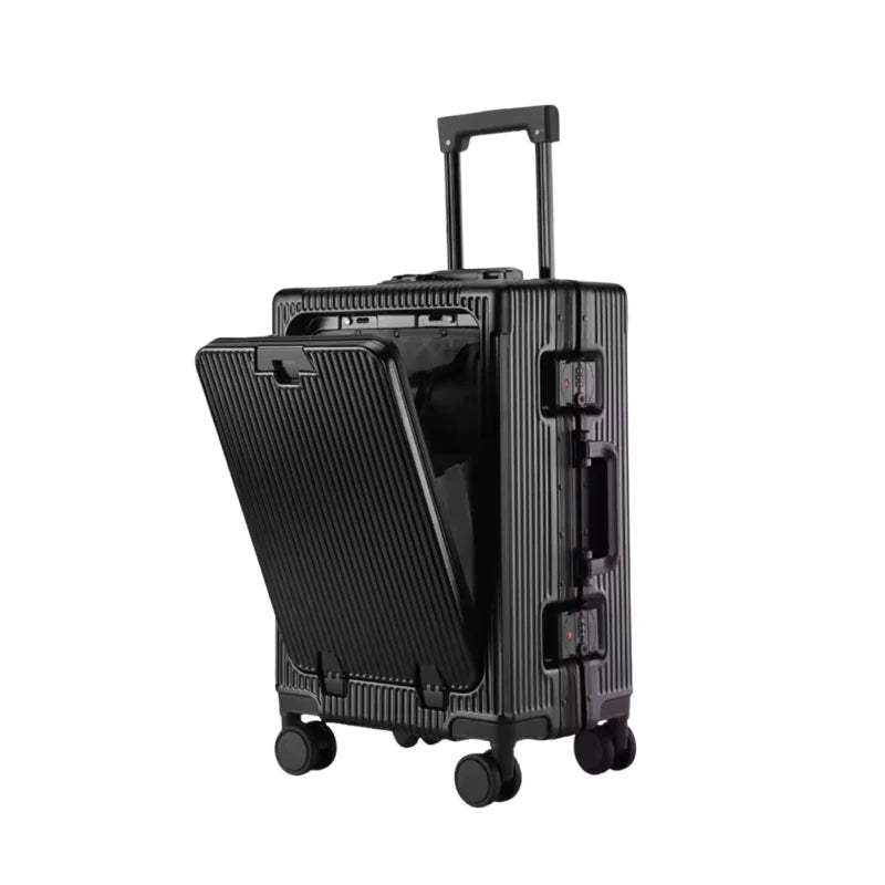 Valise en aluminium Noir ouverte avec compartiment intérieur visible et serrure TSA intégrée.