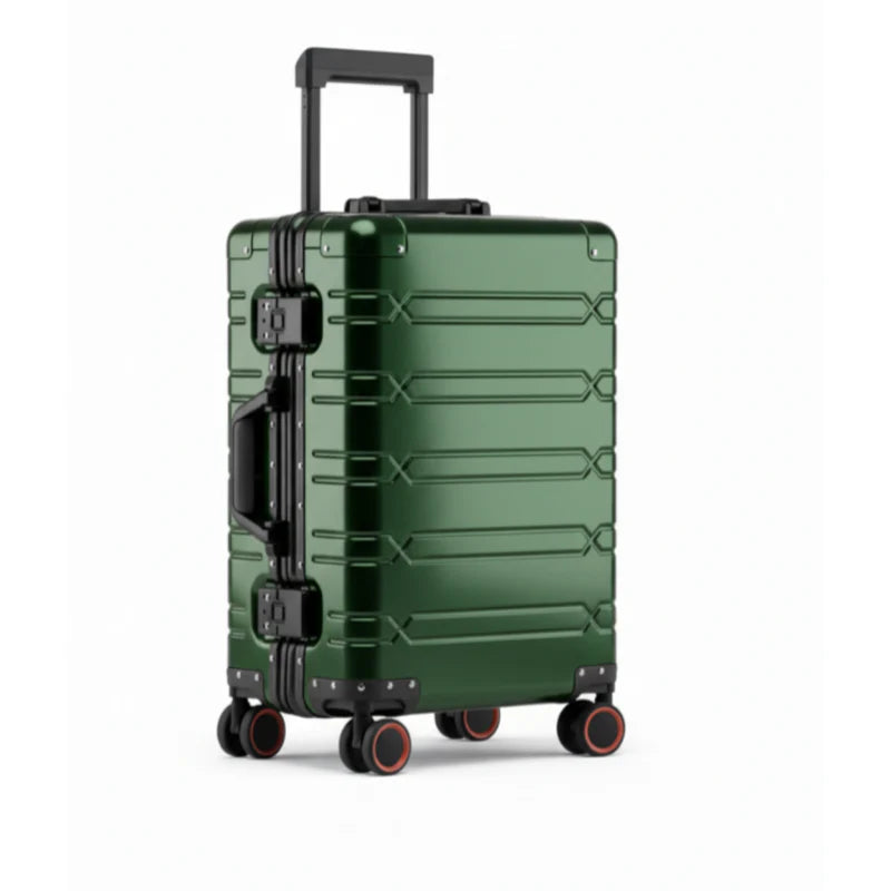 Vue latérale d'une valise en aluminium Vert foncé avec roulettes rouges et poignée télescopique.