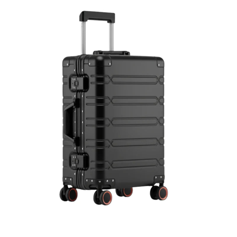 Vue latérale d'une valise en aluminium Noir avec roulettes rouges et poignée télescopique.