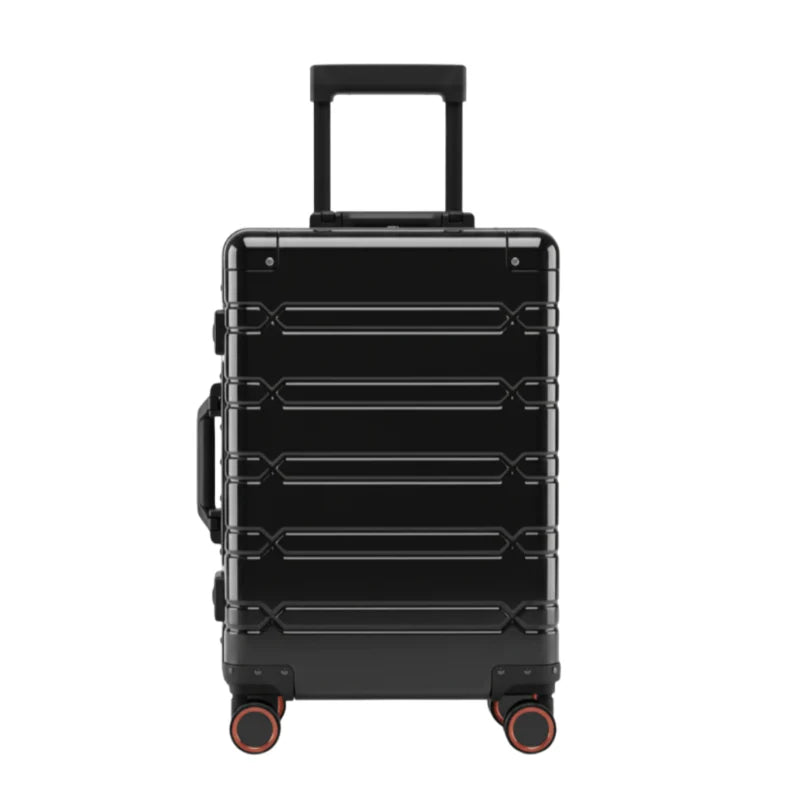 Vue avant d'une valise en aluminium Noir avec roulettes rouges et poignée télescopique.