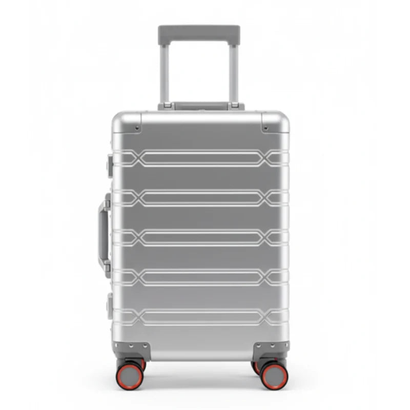 Vue avant d'une valise en aluminium argenté avec roulettes rouges et poignée télescopique.