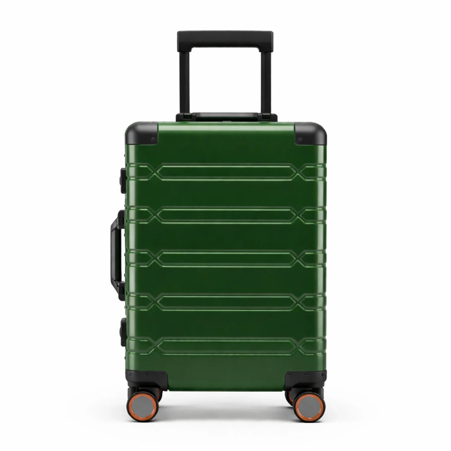 Vue avant d'une valise en aluminium Vert foncé avec roulettes rouges et poignée télescopique.